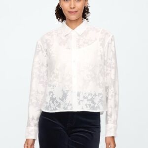 GAP Sheer Floral Cropped Button Down Curved Hem Off White Women’s Size Small